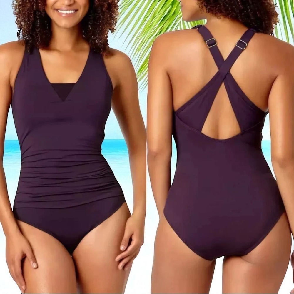 Land’s End Tummy Ruched UPF Crossback Swimsuit Coastal Resort Vacation Size S‎